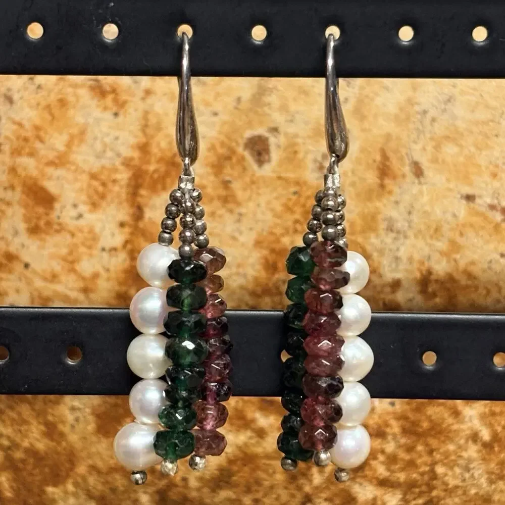 Sterling Silver Freshwater Pearl & Tourmaline Earrings Dangle Fishhooks Vintage
